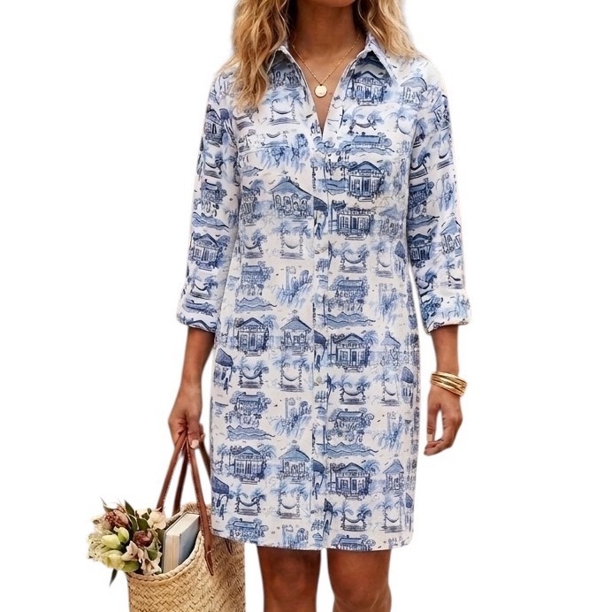 Susan Albright Blue White Coastal Toile Organic Cotton Shirt Dress Womens Medium